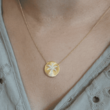 Soleil Palm Diamond Studded Round Disc Pendant in 14K Yellow Gold