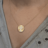 Soleil Palm Diamond Studded Round Disc Pendant in 14K Yellow Gold