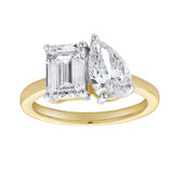 Evermore 14K Yellow Gold Emerald and Pear cut Diamond Toi et Moi Ring - 3 ct