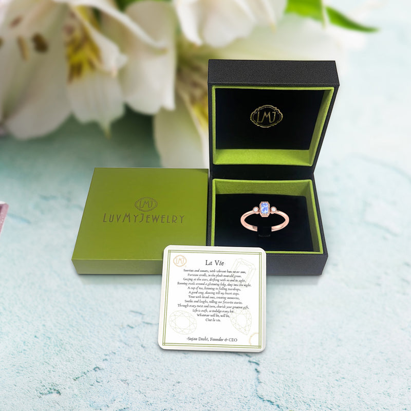 Emerald Cut Tanzanite & Diamond Birthstone Ring In 14K Rose Gold
