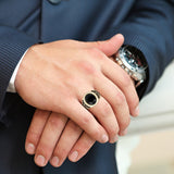 Black Onyx Stone Signet Ring in 14K Yellow Gold Plated Sterling Silver with Enamel