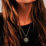 Sunny Side Up Turquoise & Diamond Sun Pendant in 14K Yellow Gold Plated Sterling Silver