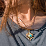 Sunny Side Up Turquoise & Diamond Sun Pendant in 14K Yellow Gold Plated Sterling Silver