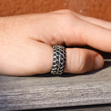 Born Drifter Black Rhodium Plated Sterling Silver Tire Tread Black Diamond Band Ring