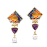 Mysterious Mayhem Amethyst & Pearl Diamond Drop Earrings in 14K Yellow Gold Plated Sterling Silver