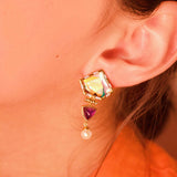 Mysterious Mayhem Amethyst & Pearl Diamond Drop Earrings in 14K Yellow Gold Plated Sterling Silver