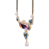 Forever Young Turquoise & Pearl Diamond Necklace in 14K Yellow Gold Plated Sterling Silver