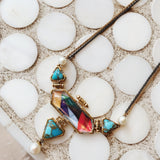 Forever Young Turquoise & Pearl Diamond Necklace in 14K Yellow Gold Plated Sterling Silver