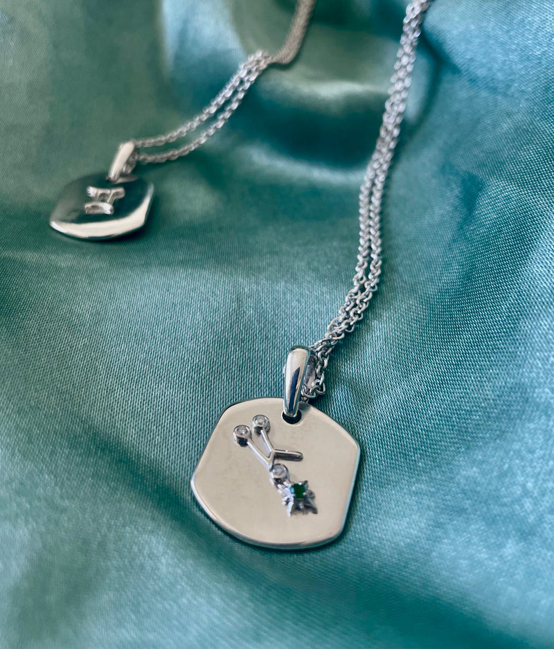Taurus Bull Emerald & Diamond Constellation Tag Pendant Necklace in 14K White Gold