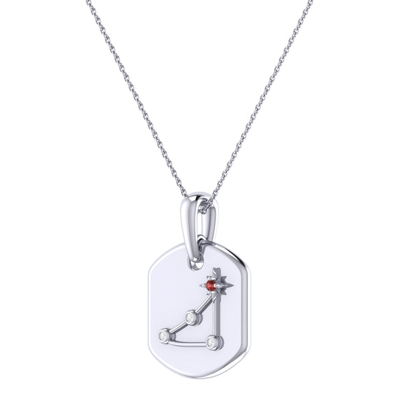 Capricorn Goat Garnet & Diamond Constellation Tag Pendant Necklace in Sterling Silver