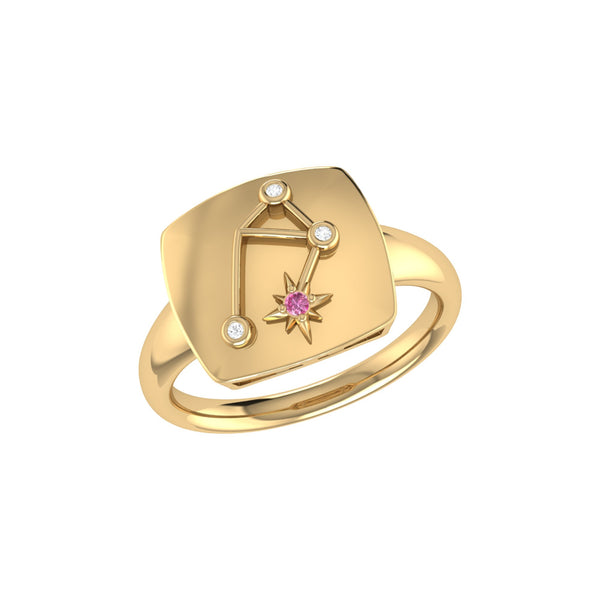 Libra Scales Pink Tourmaline & Diamond Constellation Signet Ring in 14K Yellow Gold