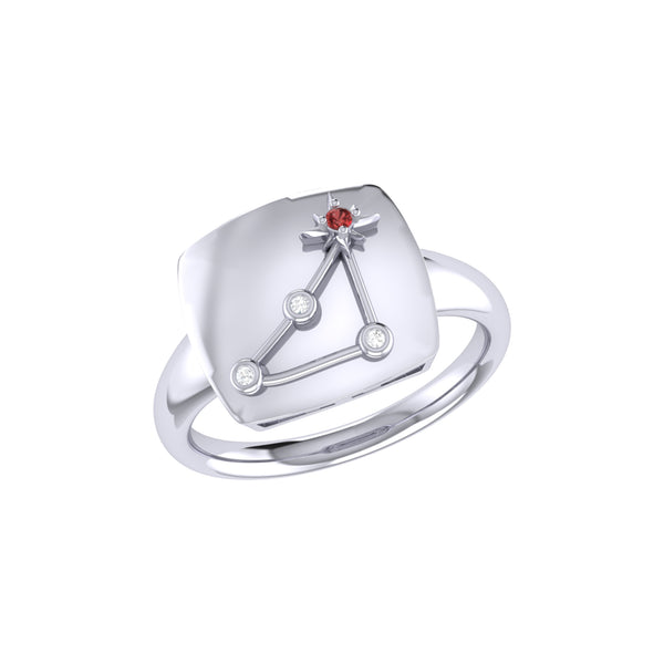 Capricorn Goat Garnet & Diamond Constellation Signet Ring in Sterling Silver