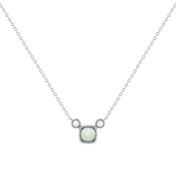 Cushion Cut Opal & Diamond Birthstone Necklace In 14K White Gold