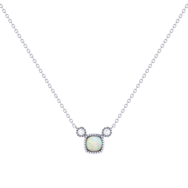 Diamond Opal Cushion Cut high quality Birth Stone Pendant In White Rose Yellow Gold or Silver, October Birthstone Opal Jewelry, Opal Diamond Pendants