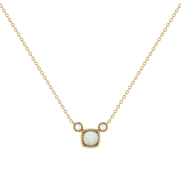 Cushion Cut Opal & Diamond Birthstone Necklace In 14K Yellow Gold