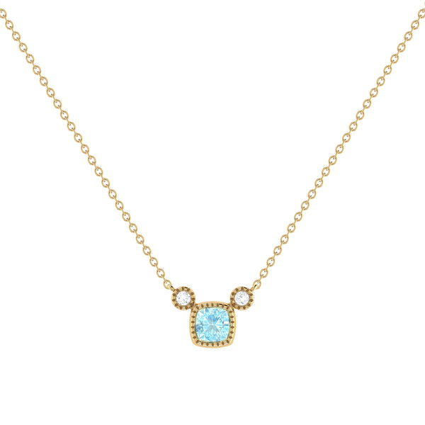 Cushion Cut Aquamarine & Diamond Birthstone Necklace In 14K Yellow Gold