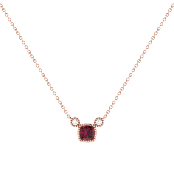 Cushion Cut Ruby & Diamond Birthstone Necklace In 14K Rose Gold