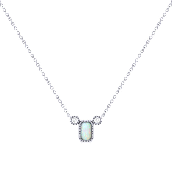 Emerald Cut Opal & Diamond Birthstone Necklace In 14K White Gold