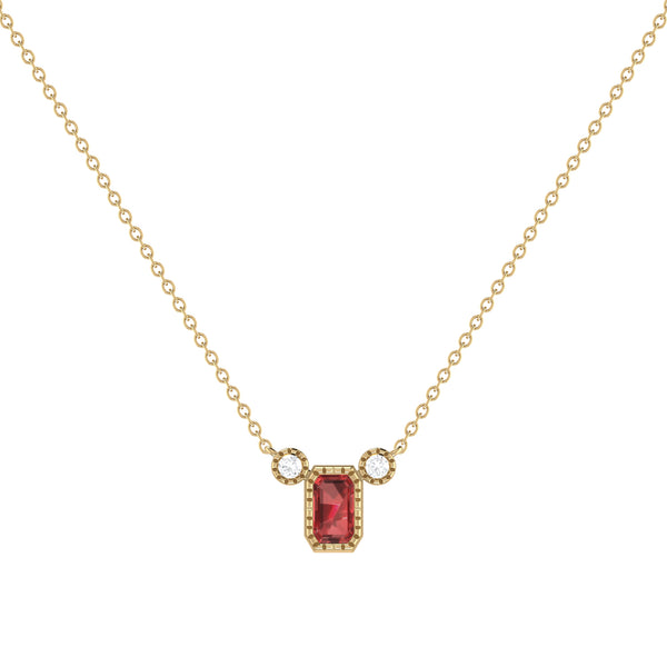 Emerald Cut Garnet & Diamond Birthstone Necklace In 14K Yellow Gold