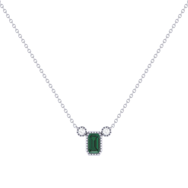 Emerald Cut Emerald & Diamond Birthstone Necklace In 14K White Gold
