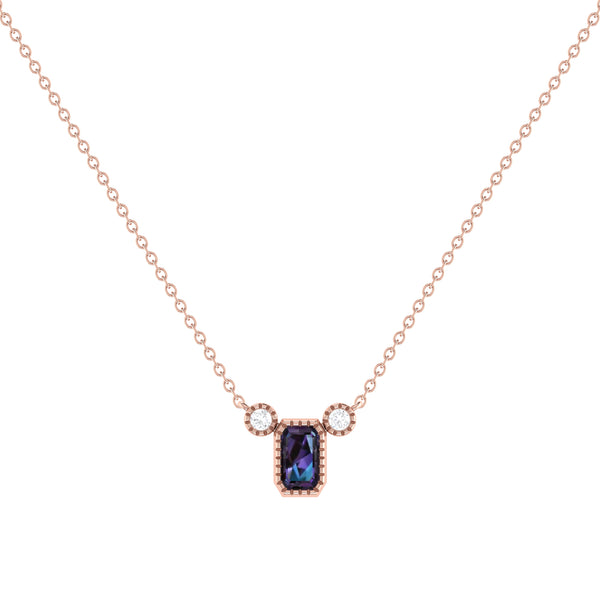 Emerald Cut Alexandrite & Diamond Birthstone Necklace In 14K Rose Gold