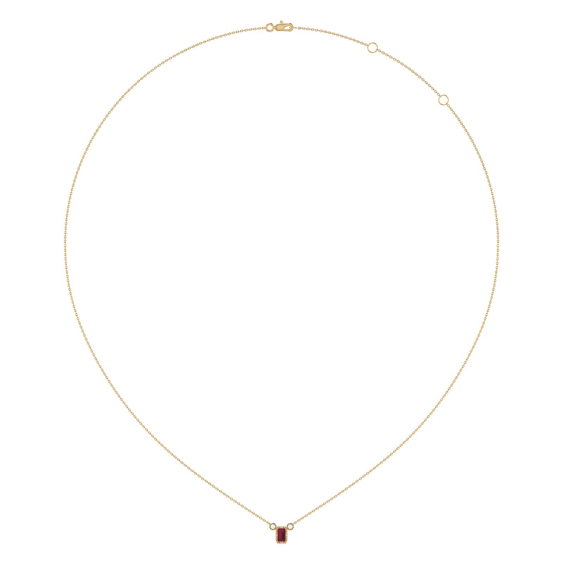 Emerald Cut Ruby & Diamond Birthstone Necklace In 14K Yellow Gold