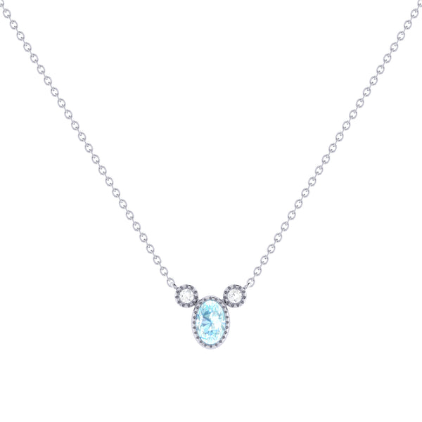 Oval Cut Aquamarine & Diamond Birthstone Necklace In 14K White Gold