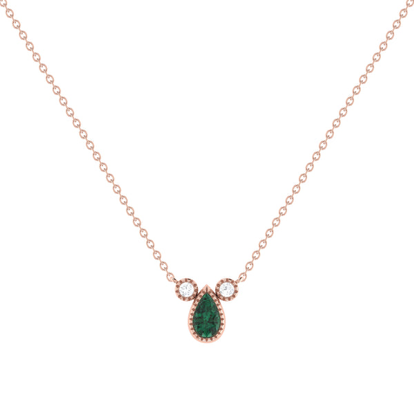Pear Shaped Emerald & Diamond Birthstone Necklace In 14K Rose Gold