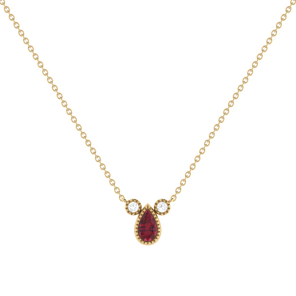 Pear Shaped Ruby & Diamond Birthstone Necklace In 14K Yellow Gold