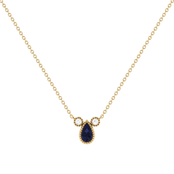 Pear Shaped Sapphire & Diamond Birthstone Necklace In 14K Yellow Gold