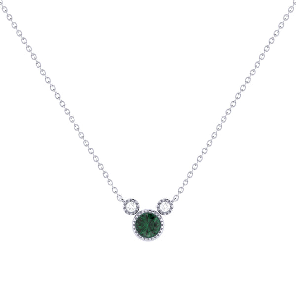 Round Cut Emerald & Diamond Birthstone Necklace In 14K White Gold