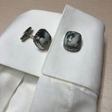 Tree Agate Stone Cufflinks in Black Rhodium Plated Sterling Silver