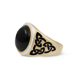 Black Onyx Stone Signet Ring in 14K Yellow Gold Plated Sterling Silver with Enamel