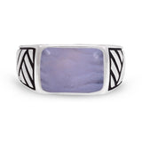 Blue Lace Agate Stone Signet Ring in Black Rhodium Plated Sterling Silver