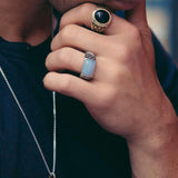 Blue Lace Agate Stone Signet Ring in Black Rhodium Plated Sterling Silver