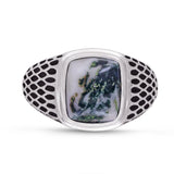 Tree Agate Stone Signet Ring in Black Rhodium Plated Sterling Silver