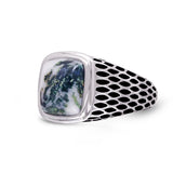 Tree Agate Stone Signet Ring in Black Rhodium Plated Sterling Silver