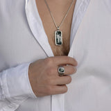 Tree Agate Stone Signet Ring in Black Rhodium Plated Sterling Silver