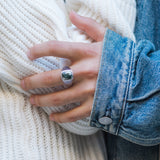 Tree Agate Stone Signet Ring in Black Rhodium Plated Sterling Silver