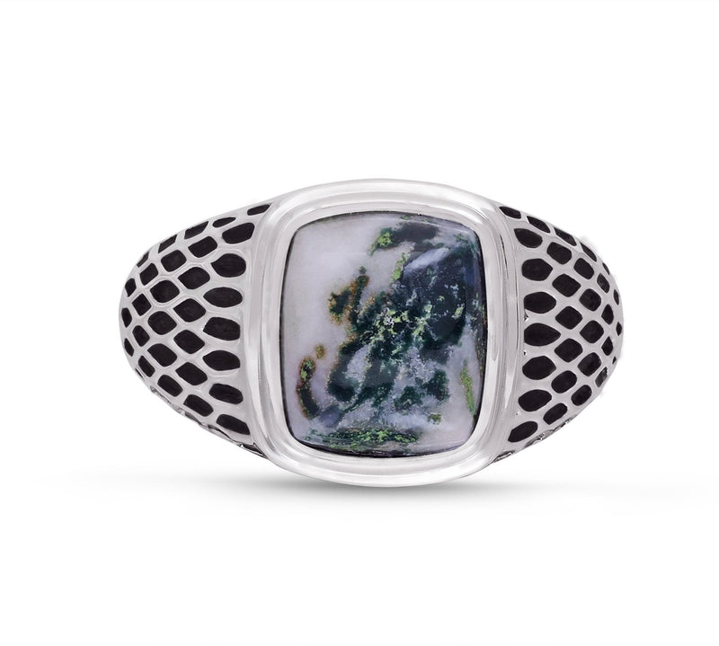 Tree Agate Stone Signet Ring in Black Rhodium Plated Sterling Silver