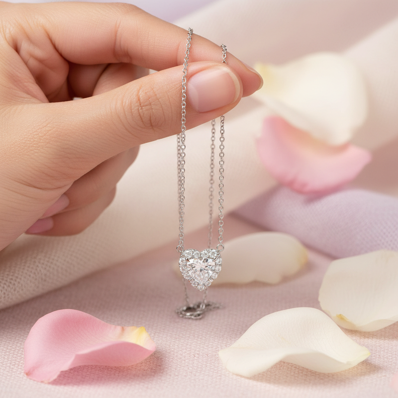 A styled flat-lay composition of a female model’s hand elegantly holding the Alessa necklace, displayed on a pastel-colored, textured fabric background reminiscent of a romantic Valentine's Day palette. The necklace, scaled realistically, is arranged to hi