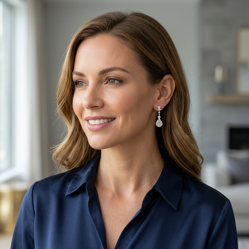 Elegant woman wearing Ambery 14K yellow gold diamond drop earrings, captured in soft daylight to showcase jewelry’s graceful design on her silhouette.
