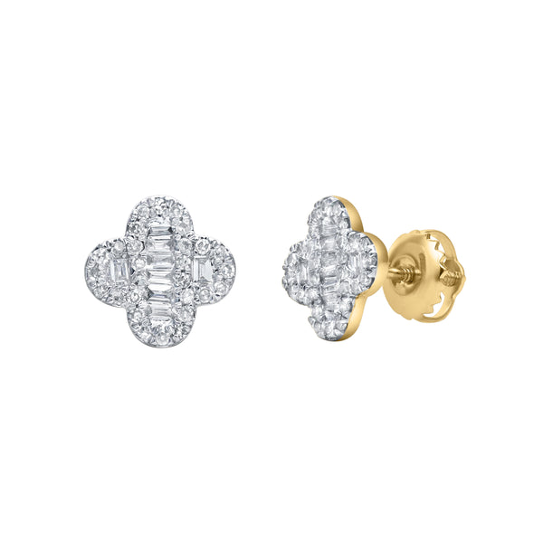 Alina Baguette & Round-Cut Diamond Clover Stud Earrings in 14K Yellow Gold