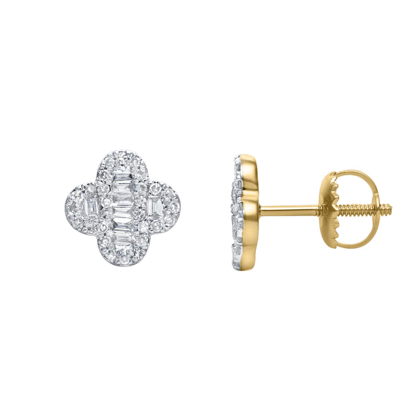 Alina Baguette & Round-Cut Diamond Clover Stud Earrings in 14K Yellow Gold