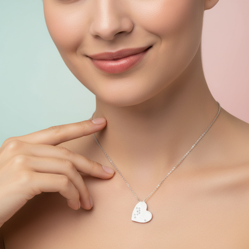 A female model styled for Valentine's Day, showcasing the Aether Heart Pendant against a pastel mint and blush background. The scene is set in a clean, modern studio with HDR softbox lighting that highlights the diamond accents and the smooth, polished whi