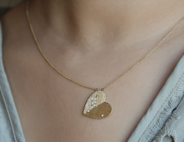 Aether Scattered Diamond Studded Heart Disc Pendant in 14K Yellow Gold
