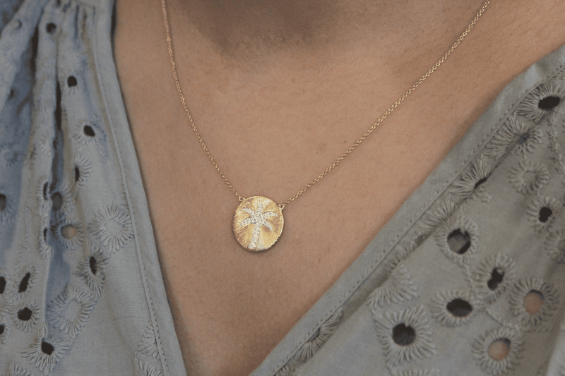 Soleil Palm Diamond Studded Round Disc Pendant in 14K Yellow Gold