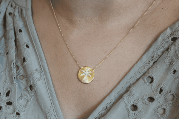 Soleil Palm Diamond Studded Round Disc Pendant in 14K Yellow Gold