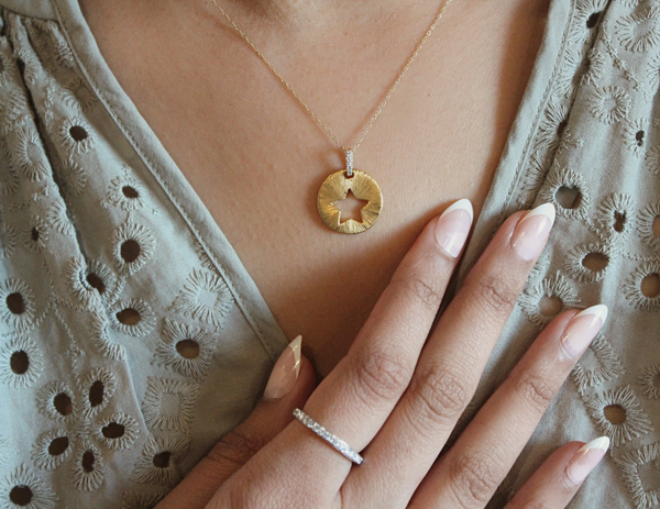 Astrid Star Diamond Studded Round Disc Pendant in 14K Yellow Gold