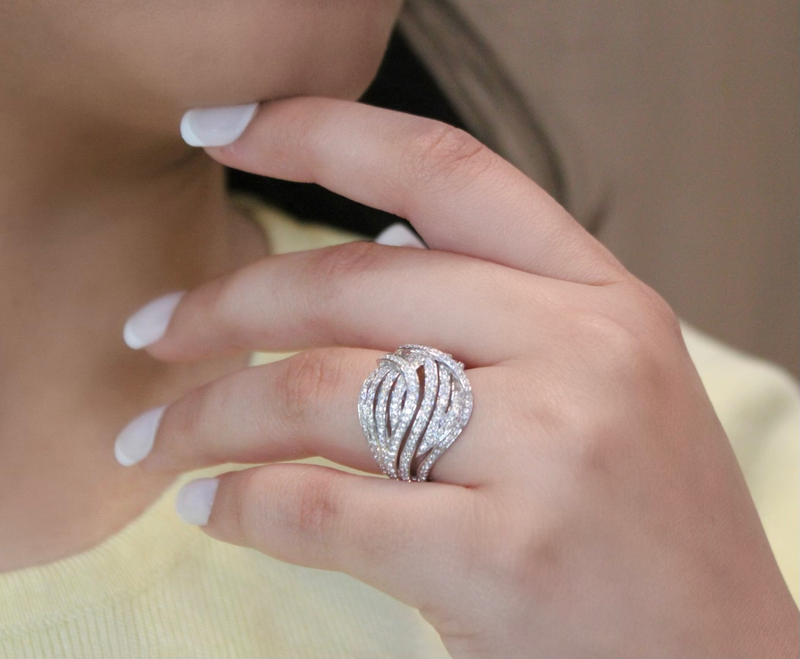 Marina 14K White Gold Round Diamond Studded Dome Ring - 0.84cts